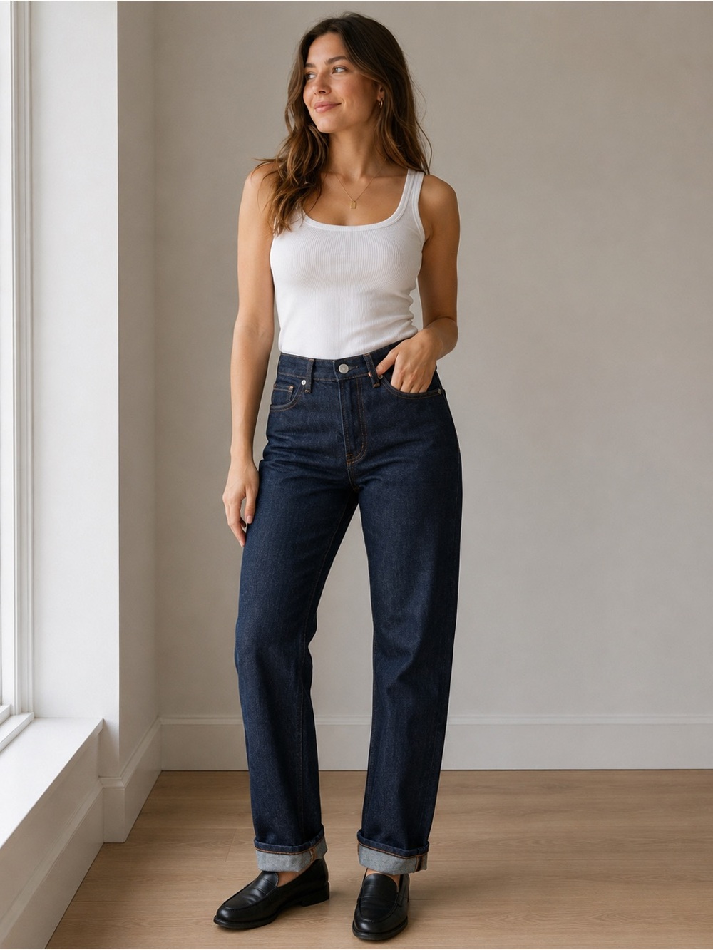 Everlane Dark Wash Straight-Leg Cuffed Jeans